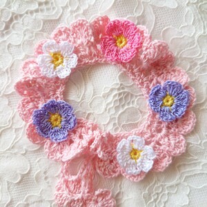  dog & cat necklace neck decoration attaching collar choker baby's bib XS size . flower Sakura color hand made lacework hand-knitted small flower fully volume 