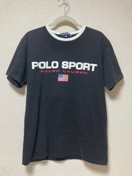 90's POLO SPORT ロゴ Tシャツ リンガー Mサイズ 黒 ブラック ポロ スポーツ 半袖 カットソー RALPH LAUREN ラルフローレン USA 星条旗