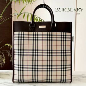 ほぼ新品同様 BURBERRY バーバリー レザーハンドバッグ＊ノバチェック レディース メンズ 牛革 本革 ブラウン 茶 トート A4 ビジネス 通勤