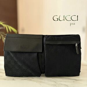 ほぼ新品同様 GUCCI グッチ GG柄 レザーウエストバッグ＊メンズ レディース 本革 牛革 ブラック 黒 本物 肩掛け ボディ ショルダー 正規品