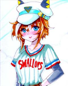 Art hand Auction Doujin Hand-Drawn artwork illustration Uma Musume/Chevalgrand (baseball uniform/Yakult Swallows) Large colored paper/Copic/Hand-drawn illustration/, comics, anime goods, hand drawn illustration