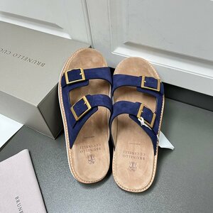 Brunello Cucinelli 　ブルネロクチネリ イタリア 　メンズ 　スリッパ もよう 牛革 ネイビー 夏　39-44サイズ選択可能