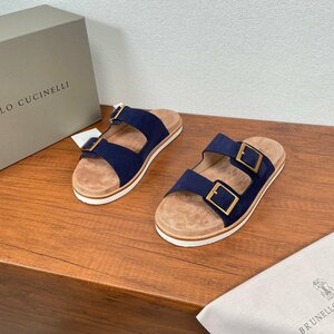 Brunello Cucinelli 　ブルネロクチネリ イタリア 　メンズ 　スリッパ もよう 牛革 ブルー 夏　39-44サイズ選択可能