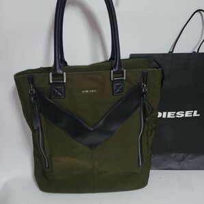 美品///DIESEL メンズ トートバッグ ディーゼル レザー デニム カーキ裏地総柄 ビジネスバッグ トートバッグ