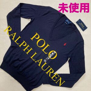 【未使用】ポロラルフローレン Ｖネック　コットンニット　レディース　POLO 紺　 セーター ロゴ刺繍 薄手 Mサイズ　ネイビー