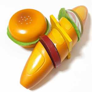  prompt decision mother garden handle burger France bread Sand cheese ham lettuce tomato . strawberry wooden toy food ingredients playing house 