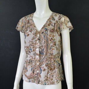 0079-24F0152★ローラアシュレイ 美品★華やか！ペイズリープリントブラウス 9号 ベージュ系 春夏秋 LAURA ASHLEY