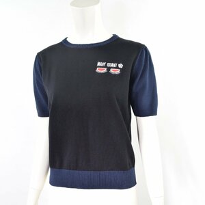 2587-24C0383★マリークワント MARY QUANT★ロゴ刺しゅう入り♪半袖コットンニット 38(M)　紺黒