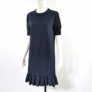 2435-24C0405★マルニ MARNI★ネイビー×ブラック 異素材コンビ ニットワンピース 38 半袖裾フリル 五分袖