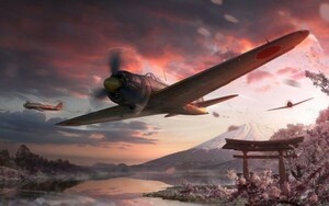 ゼロ戦 零戦21型 A6M2-b 富士山 さくら 戦闘機 ミリタリー アート 絵画風 壁紙ポスター 特大ワイド版921×576mm はがせるシール式 007W1