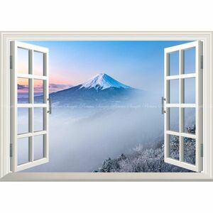 【窓仕様】富士山 降雪の朝、霧間より姿を現した富士の峰 絶景 壁紙ポスター A1版 830mmx585mm はがせるシール式 M014MA1