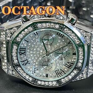 新品 OCTAGON メンズ ラグジュアリー アイスアウトウォッチ シルバー ヒップホップジュエリー オクタゴン メンズ腕時計