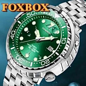 新品 FOXBOX エメラルドグリーンウォッチ 50M防水 メンズ腕時計 ステンレスストラップ ツナ缶