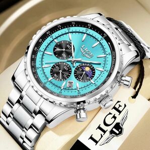 新品 LIGE オマージュクロノグラフ ウォッチ ステンレスストラップ メンズ腕時計 ブルー＆シルバー 8989