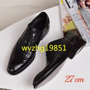 ビジネスシューズ　メンズシューズ　シューズ 靴　フォーマル ロングノーズ　ローカット　紐靴　紳士靴 ワニ柄 ブラック　27cm