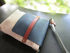  summer. Vintage blue Italy cow leather covered sakoshu!. discount thick .. unbleached cloth canvas! Mini shoulder bag! leather! hand made 