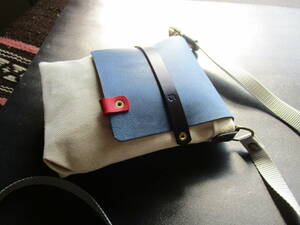  summer. Vintage blue Italy cow leather covered sakoshu!. discount thick .. unbleached cloth canvas! Mini shoulder bag! leather! hand made 