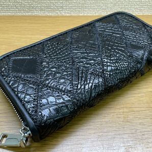 1円 新品【クロコダイルレザー】ワニ革 腹革 長財布 ラウンドファスナー 本物 財布 クロコダイル 貴重 ブラック黒色の画像1