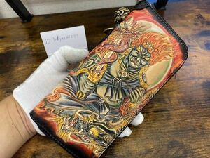 Art hand Auction A masterpiece with a three-dimensional effect, Fudo Myoo, Money Luck, Genuine Leather, Sculpture Carving, Men's, Hand-stitched, Hand-made, Hand-dyed, Round Zipper, Men's Long Wallet, wallet, Men's, Long wallet (with coin purse)