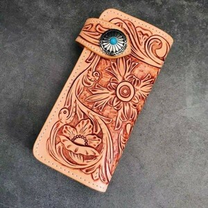 Art hand Auction Top quality! Genuine leather new carved carving long wallet men's hand sewn handmade hand dyed round zipper long wallet, wallet, Men's, Long wallet (with coin purse)
