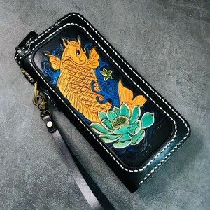 Art hand Auction The best! Koi Money Luck Genuine Leather New Engraved Carving Long Wallet Men's Hand Sewn Handmade Hand Dyed Round Zipper Long Wallet with String, wallet, Men's, Long wallet (with coin purse)