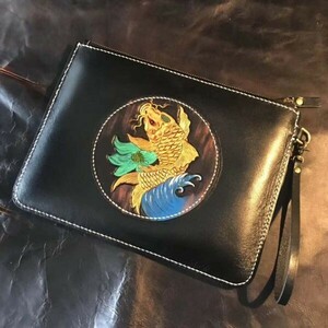 Art hand Auction New Money Luck Carp Carving Carving Men's Bag Tochigi Leather Genuine Leather Second Bag Hand Sewn Handmade Retractable Round Zipper Long Wallet JB-007, fashion, mens bags, second bag