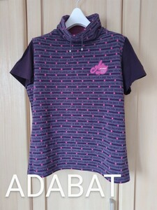 ADABAT レディース38 アダバット ゴルフ ハイネック 半袖 ウール アクリルニット Tシャツ ブランドロゴ刺繍M相当 日本製 正規品