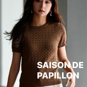 【美品】SAISON DE PAPILLON セゾン ド パピヨンニット レディース ケーブル編みクルーネック　プルオーバ　L