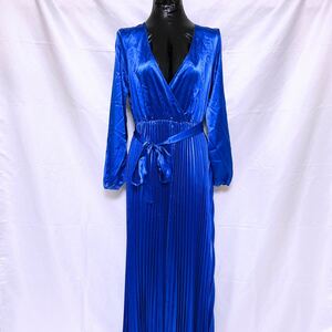 [1 jpy ][ unused ] lustre satin nylon .... color pleat dress large size blue 