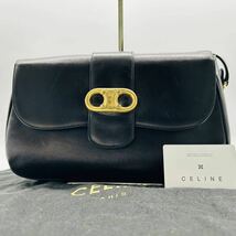 極美品 CELINE セリーヌ ショルダーバッグ トリオンフ金具 ゴールド金具 カフレザー デカロゴ ブラゾン フラップ 斜め掛けブラック 黒_画像1