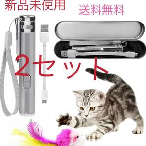 猫用おもちゃ じゃれ猫ネズミ１個付３in1 多機能LEDにゃんだろー光線 猫用光るおもちゃ usb充電ケーブル付 2セット