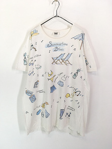  lady's old clothes 90s USA made rel e vant [Summertime Blues] sea beach total pattern print T-shirt One-piece mini height XL rank old clothes 