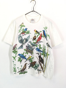  lady's old clothes 00s Fruit of the Loom colorful wild bird bird total pattern animal print T-shirt M old clothes 