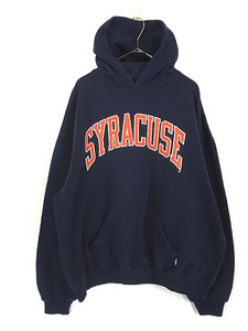 古着 90s Russell 「SYRACUSE」 カレッジ セットイン スウェット パーカー ネイビー XXL