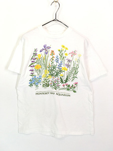  lady's old clothes 90s USA made [Monterey Bay Aquarium] colorful flower flower print T-shirt M old clothes 