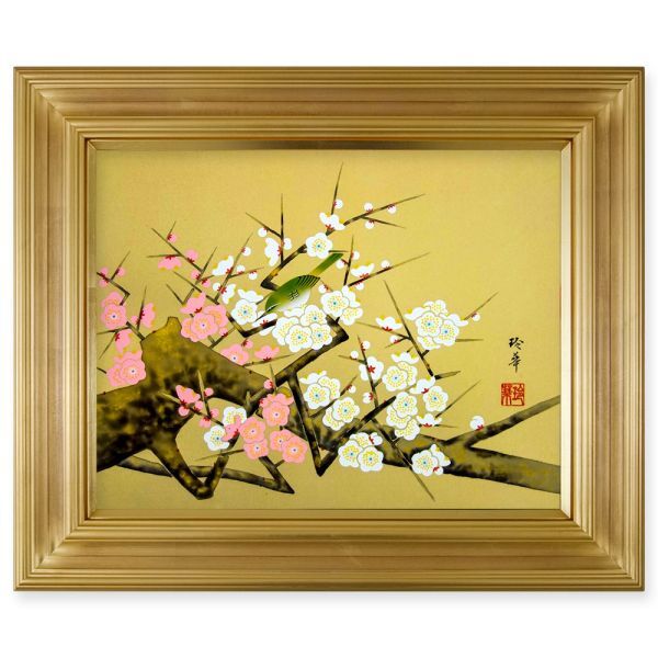 Reika Yashiro/Brush Plum and Tsumugi F6 Japanese Painting Reproduction Framed Hand Painted Plum Warbler Early Spring Spring Harbinger Auspicious Painting Good Luck Art UK1184, painting, Japanese painting, flowers and birds, birds and beasts