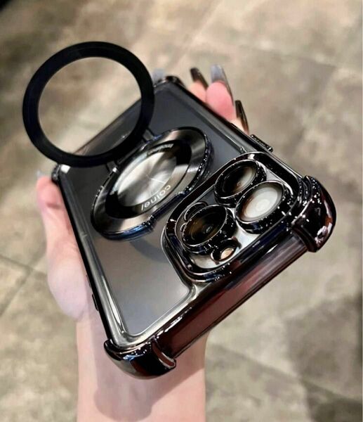 iPhone 14 Plus ケース ブラック カラー メッキ加工 磁気吸引リング スタンド付 カメラ レンズ フルカバー♪