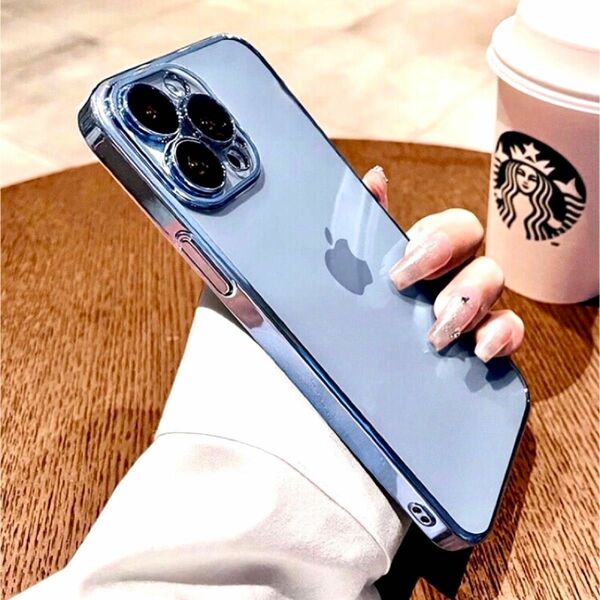 iPhone15 Pro クリア メッキ ケース ライトブルー カメラ レンズ フルカバー メッキ加工 大人気 ♪