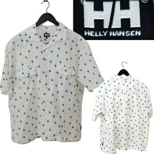 ★【国内正規品 HE41721】HELLY HANSEN ヘリーハンセン コットン麻レーヨン生地 総柄 ヨット柄 半袖 ポケット 開襟シャツ L ホワイト系