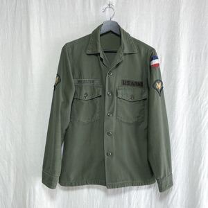 60s 米軍 OG-107 ワッペン付き コットンサテン ユーティリティシャツ M〜L相当 イギリス軍 フランス軍 イタリア軍 ユーロ