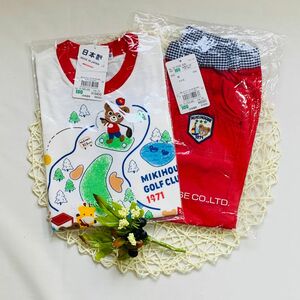 新品　未使用　Ｔシャツ ショートパンツ　赤　ゴルフ柄　プッチー君　上下セット　100 ミキハウス