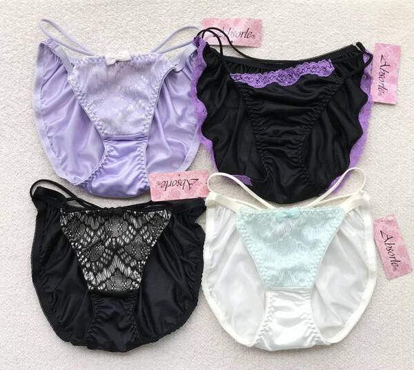 Absorle アブソール ビキニ ショーツ Mサイズ Sexy紐 パープル&ブラック&ホワイト 4枚セット ☆送料無料