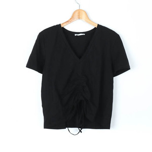 ザラ 半袖Tシャツ トップス カットソー ギャザー Vネック レディース Lサイズ ブラック ZARA