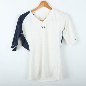 アンダーアーマー 半袖Tシャツ ヒートギア ロゴT Vネック スポーツウエア メンズ SMサイズ ホワイト×ネイビー UNDER ARMOUR