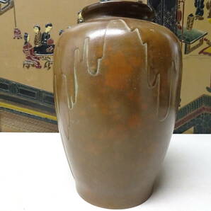 鋳銅 甕垂 獅子紋 飛州 銘 花瓶 花器 高さ24cm 重さ2kg/古玩骨董古美術茶道具の画像8