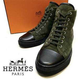 美品 HERMES JIMMY アイコン レザーバッチロゴ スエード×レザー ハイカットスニーカー エルメス ジミー シューズ カーキ×ブラック 40 1/2