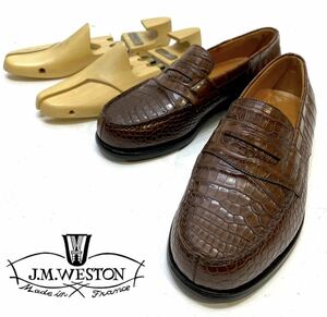 * J.M.WESTON old Logo #180 crocodile leather coin Loafer J M waist n moccasin shoes slip-on shoes dress 5 1/2E