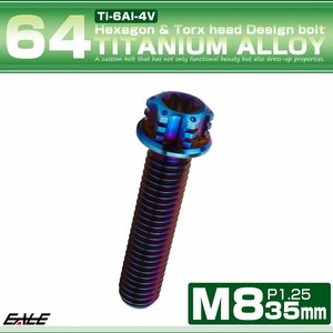 チタンボルトM8×35mm P1.25 フランジ付き 六角ボルト トルクス穴 ワイヤーロックホール付き 焼きチタン JA1395