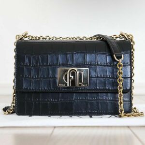 良品 FURLA フルラ 1927 チェーン クロスボディ バッグ クロコ型押し