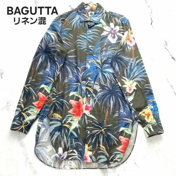 バグッタ BAGUTTA リネン混 花柄 長袖シャツ アロハシャツ XLサイズ相当 大きいサイズ 極美品